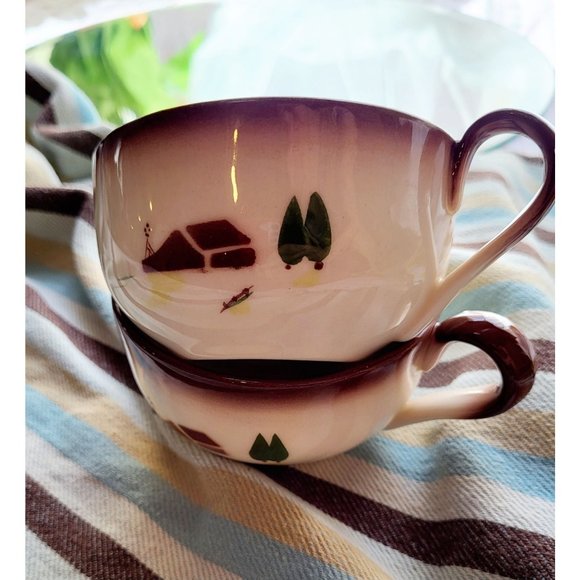 Set of I Love Lucy MCM Brock Of California Brown Country Lane Farmhouse Cups - Picture 1 of 14